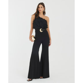Black 3D Ruffle Belted One Shoulder Jumpsuit