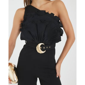 Black 3D Ruffle Belted One Shoulder Jumpsuit