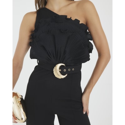 Black 3D Ruffle Belted One Shoulder Jumpsuit