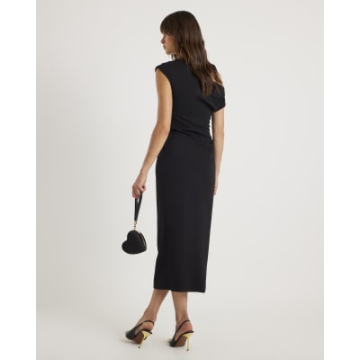 Black Asymmetric Draped Wrap Midi Dress