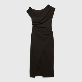 Black Asymmetric Draped Wrap Midi Dress