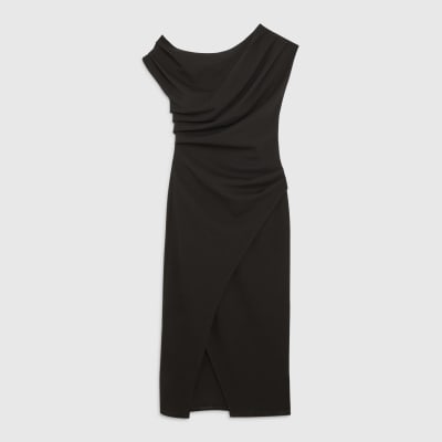 Black Asymmetric Draped Wrap Midi Dress