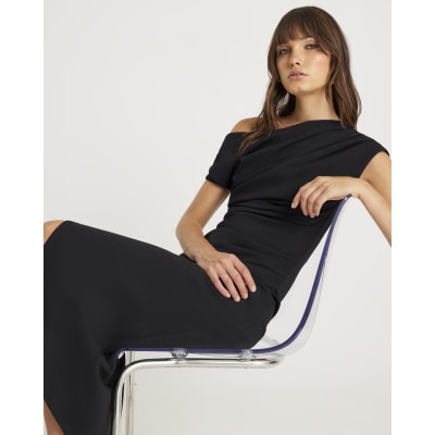 Black Asymmetric Draped Wrap Midi Dress