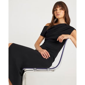 Black Asymmetric Draped Wrap Midi Dress