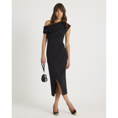 Black Asymmetric Draped Wrap Midi Dress