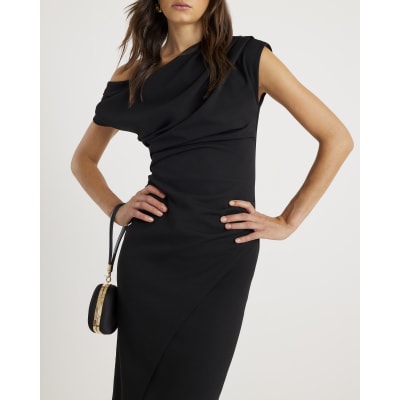 Black Asymmetric Draped Wrap Midi Dress