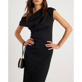 Black Asymmetric Draped Wrap Midi Dress