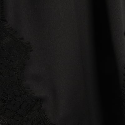 Black Asymmetric Lace Satin T-Shirt