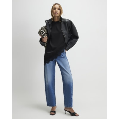 Black Asymmetric Lace Satin T-Shirt