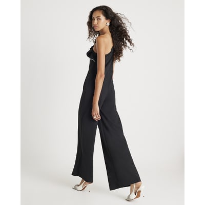 Black Asymmetric Tipped Frill Jumpsuit