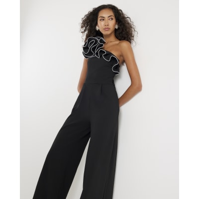 Black Asymmetric Tipped Frill Jumpsuit