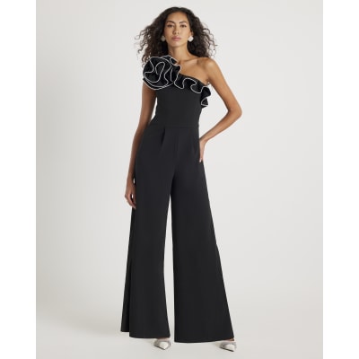 Black Asymmetric Tipped Frill Jumpsuit