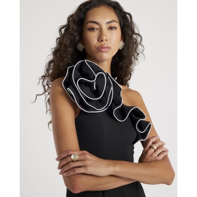 Black Asymmetric Tipped Frill Jumpsuit