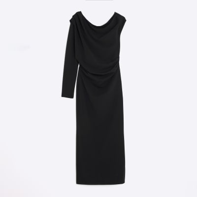 Black Asymmetrical Draped Maxi Dress