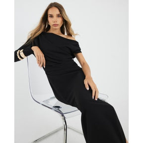 Black Asymmetrical Draped Maxi Dress