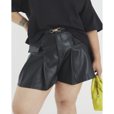 Black Belted Faux Leather Pleated Shorts