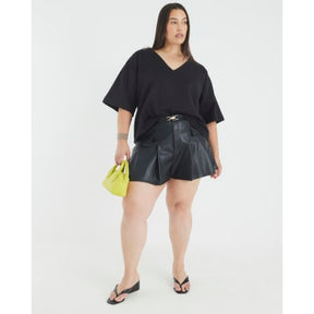 Black Belted Faux Leather Pleated Shorts