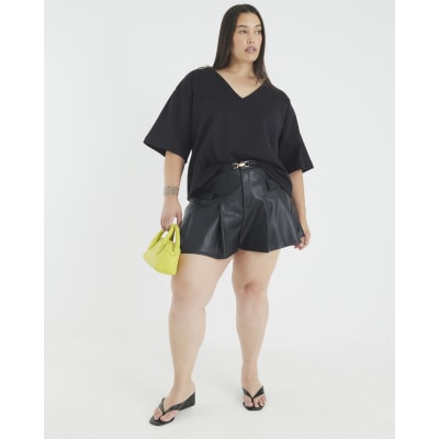 Black Belted Faux Leather Pleated Shorts