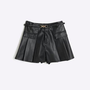 Black Belted Faux Leather Pleated Shorts