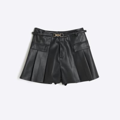 Black Belted Faux Leather Pleated Shorts