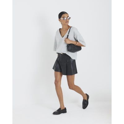 Black Belted Faux Leather Pleated Shorts