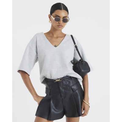 Black Belted Faux Leather Pleated Shorts