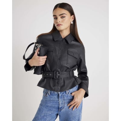 Black Belted Faux Leather Shirt