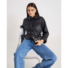 Black Belted Faux Leather Shirt
