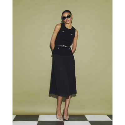 Black Belted Pleat Hem Midi Dress