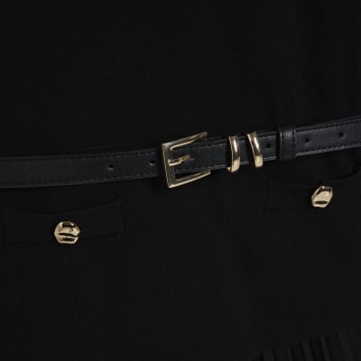 Black Belted Pleat Hem Midi Dress