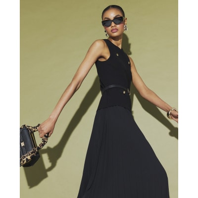 Black Belted Pleat Hem Midi Dress