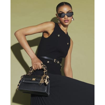Black Belted Pleat Hem Midi Dress