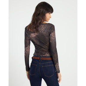 Black Blurred Spot Print Mesh Long Sleeve Top