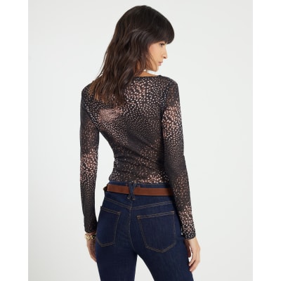 Black Blurred Spot Print Mesh Long Sleeve Top