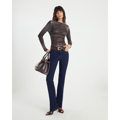 Black Blurred Spot Print Mesh Long Sleeve Top