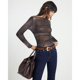 Black Blurred Spot Print Mesh Long Sleeve Top