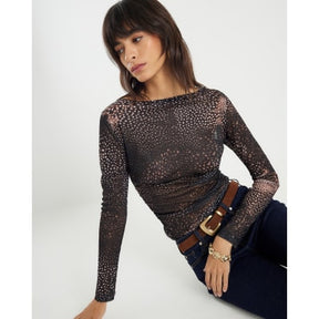 Black Blurred Spot Print Mesh Long Sleeve Top
