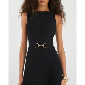 Black Boat Neck Sleeveless Belted Midi Dress