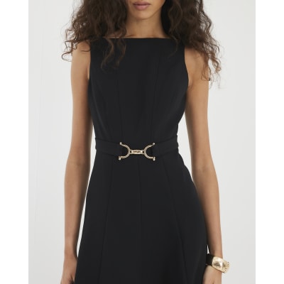 Black Boat Neck Sleeveless Belted Midi Dress