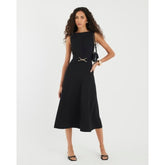 Black Boat Neck Sleeveless Belted Midi Dress