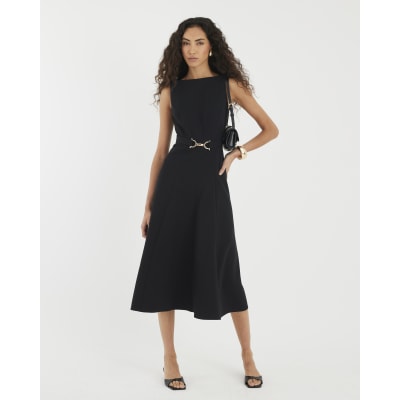 Black Boat Neck Sleeveless Belted Midi Dress
