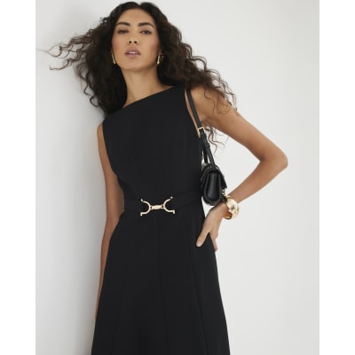 Black Boat Neck Sleeveless Belted Midi Dress