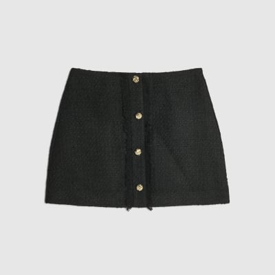 Black Boucle Button Front Mini Skirt