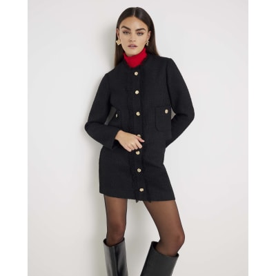 Black Boucle Button Front Mini Skirt