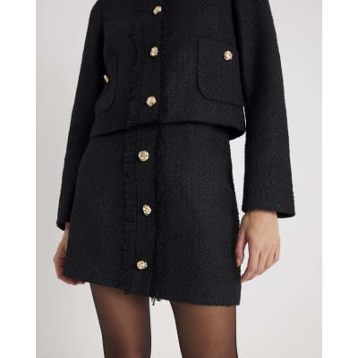 Black Boucle Button Front Mini Skirt