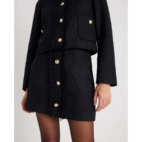 Black Boucle Button Front Mini Skirt