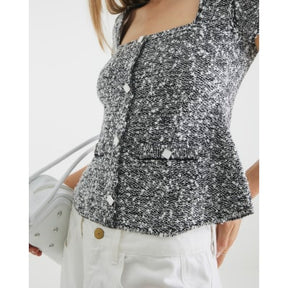 Black Boucle Cap Sleeve Button Top
