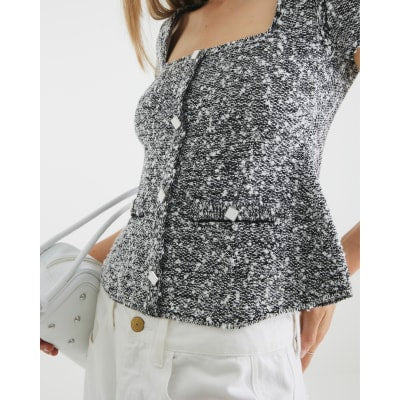 Black Boucle Cap Sleeve Button Top