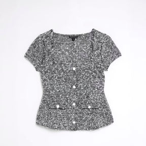 Black Boucle Cap Sleeve Button Top