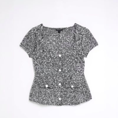 Black Boucle Cap Sleeve Button Top